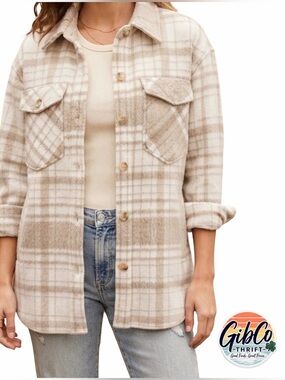 SO - Size Small - Plaid Button-Up Shirt Jacket - Cream, Oatmeal & Taupe Neutral